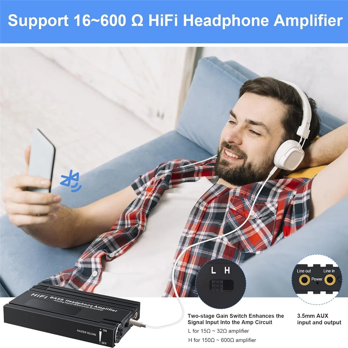 HiFi Bluetooth Headphone Amplifier Portable HiFi Earphone Amp with Bass Volume Control for MP3/MP4/Phones/Digital Player