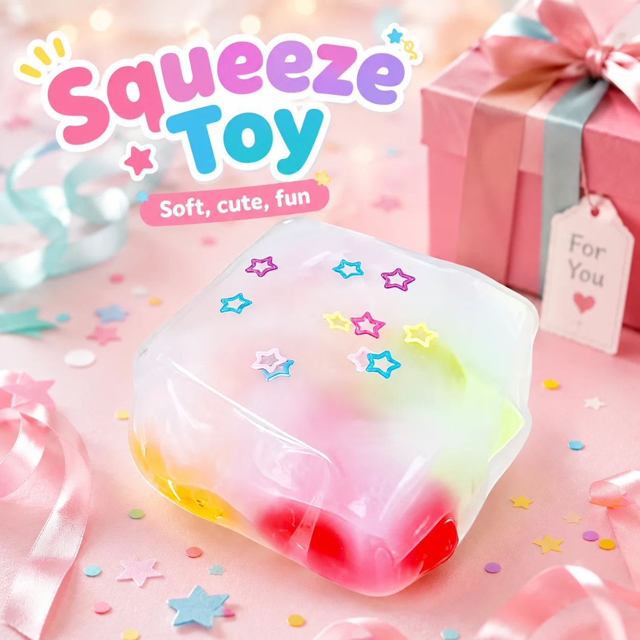 Colorful Star Clear Squishy Cube Pinch Toy Food Grade Safe Slow Rising Fidget Squeeze Toy Anxiety Relief Cute Kids Novelty Gift
