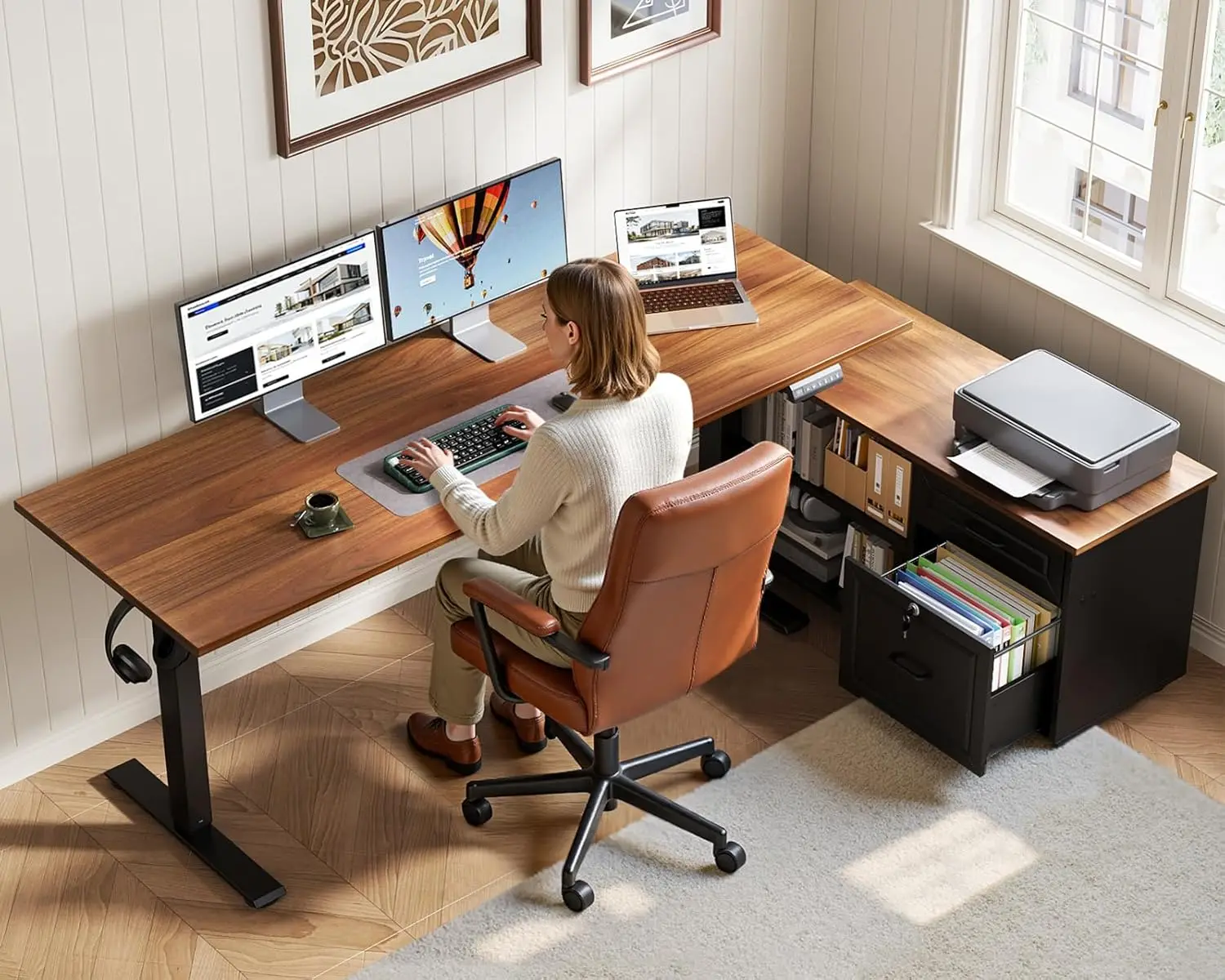 

55 Inch L Shaped Electric Standing Desk with Drawers & File Cabinet Sets, Executive Sit Stand Desk, Height Adjustable Computer
