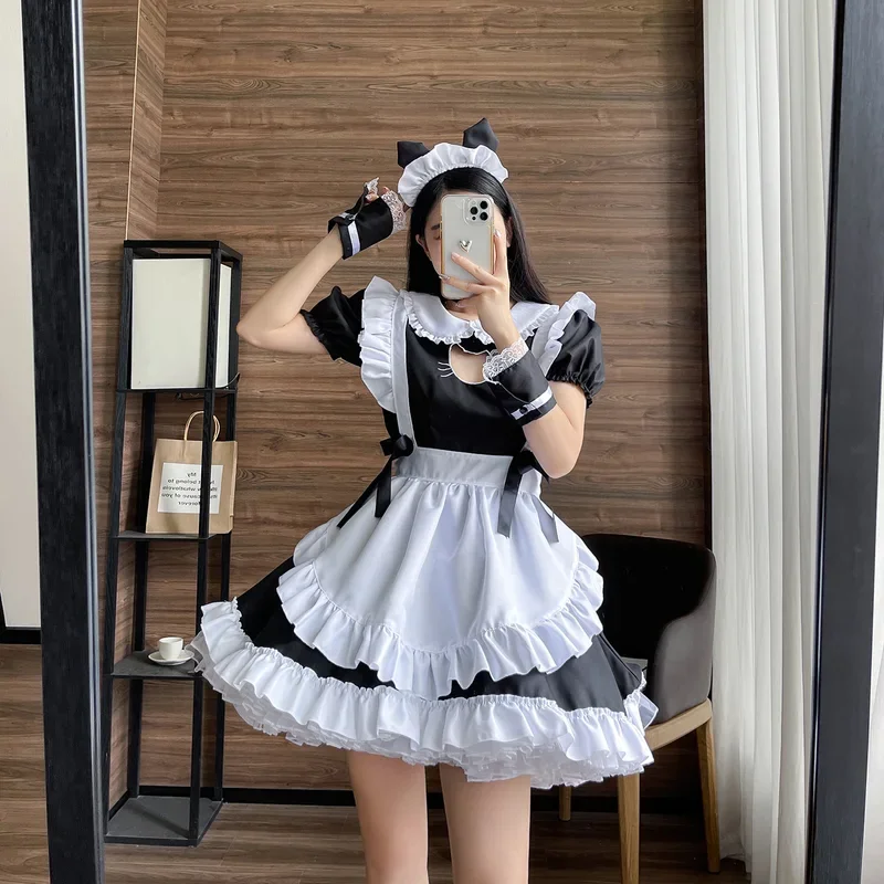 Robe de femme de chambre chat brodée évidée, olympiques de femme de chambre Lolita mignons, costume de cosplay pour filles, belle femme de chambre, performance d'Halloween