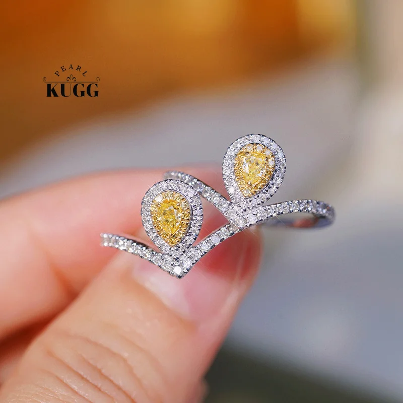 

KUGG 100% 18K White Gold Rings Fashion V-Shaped Design Real Natural Yellow Diamond Engagement Ring for Women High Party Jewelry