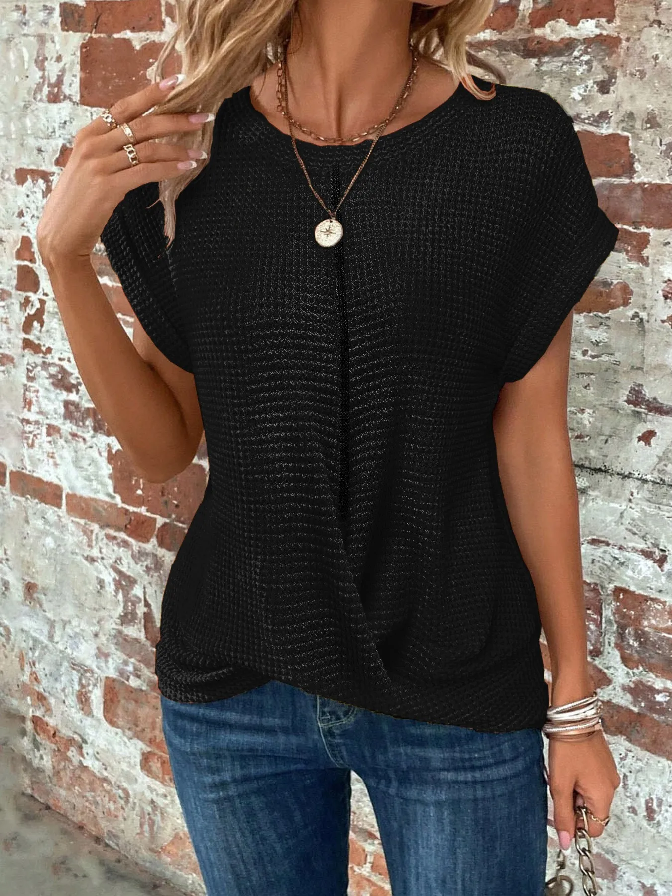 2024 New cross-border solid color round-collar T-shirt elegant short-sleeved tw… - Image 4