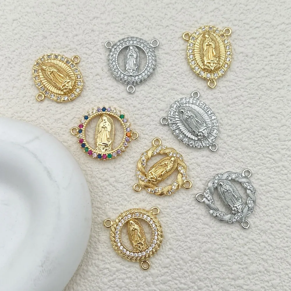 4 Pcs Virgin Mary Copper Plated Pendant DIY Charm Jewelry Making Accessories Inlay Zircon Round Oval Hollow Necklace Connector