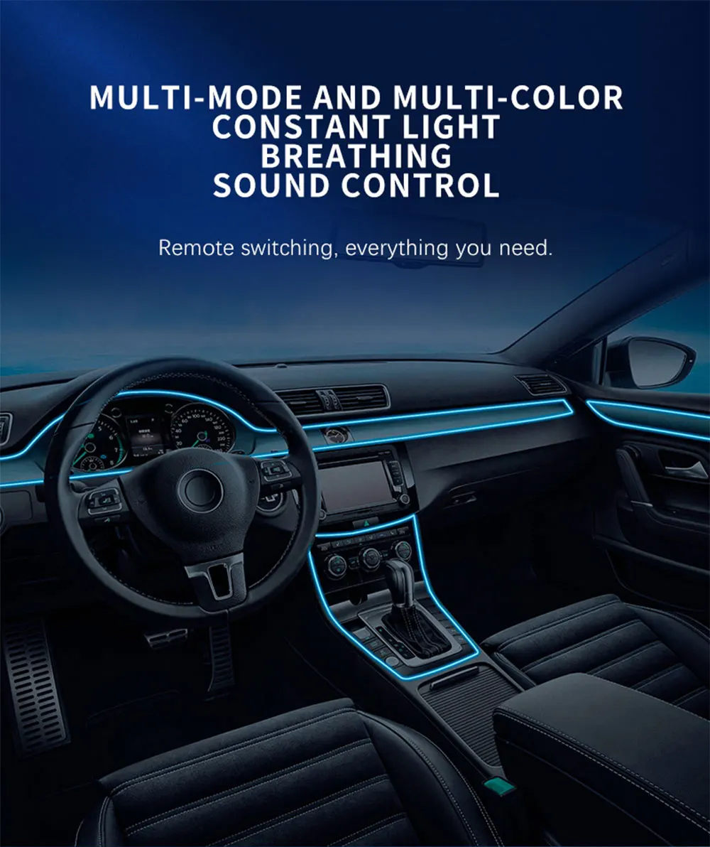 Car RGB LED Ambient Light Strip USB Fiber Optic Atmosphere Car Neon Interior Light Strip Center Console Door Decoration Lamp