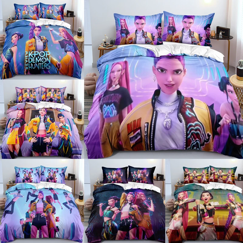 

Anime KPop Demon Hunters Bedding Set Colorful Print Polyester Student Dormitory Bed Sheet Quilt Cover Kid Gift Home Textile