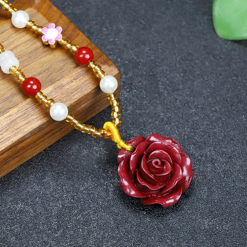 

Цепочка для свитера с натуральной необработанной минеральной киноварью и розой, изысканное универсальное темпераментное ожерелье