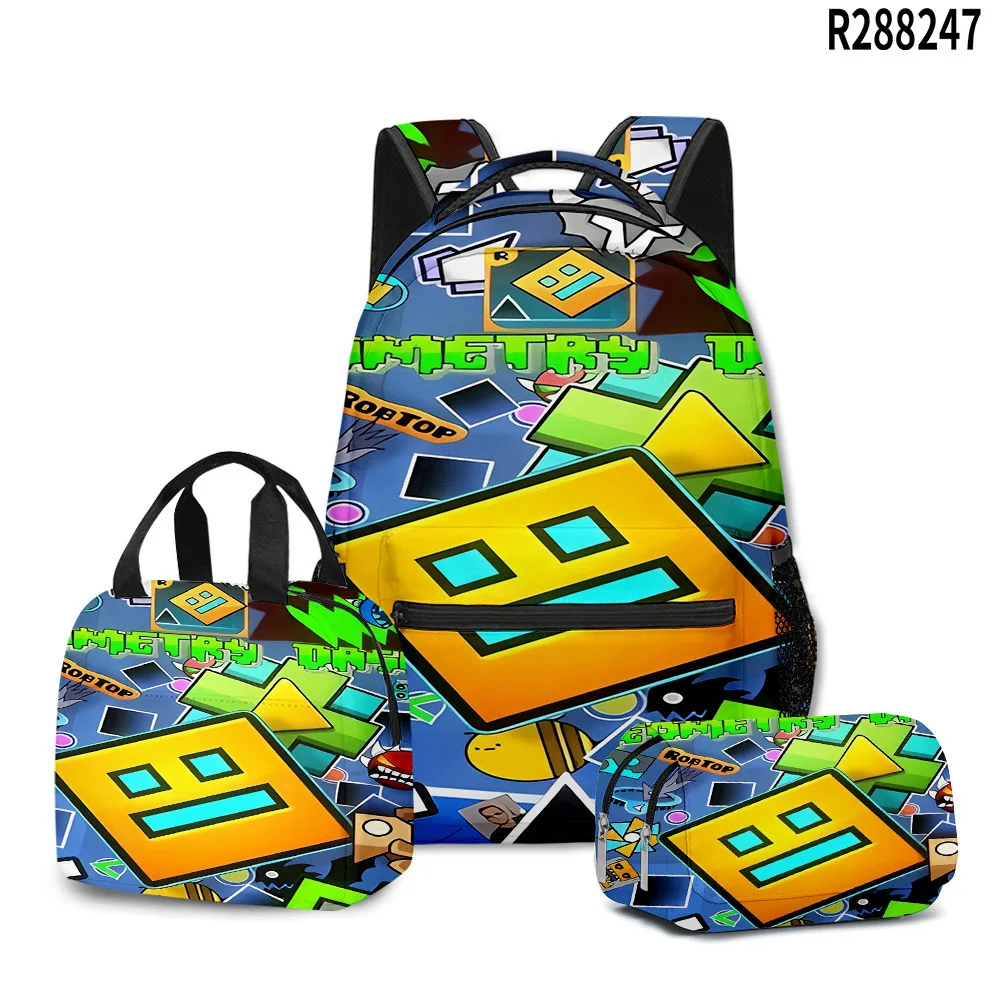 Trendy Popular Funny Geometry Dash 3D Printed 3pcs/Set School Bags Laptop Daypack Backpack portable Lunch bag Pencil Case