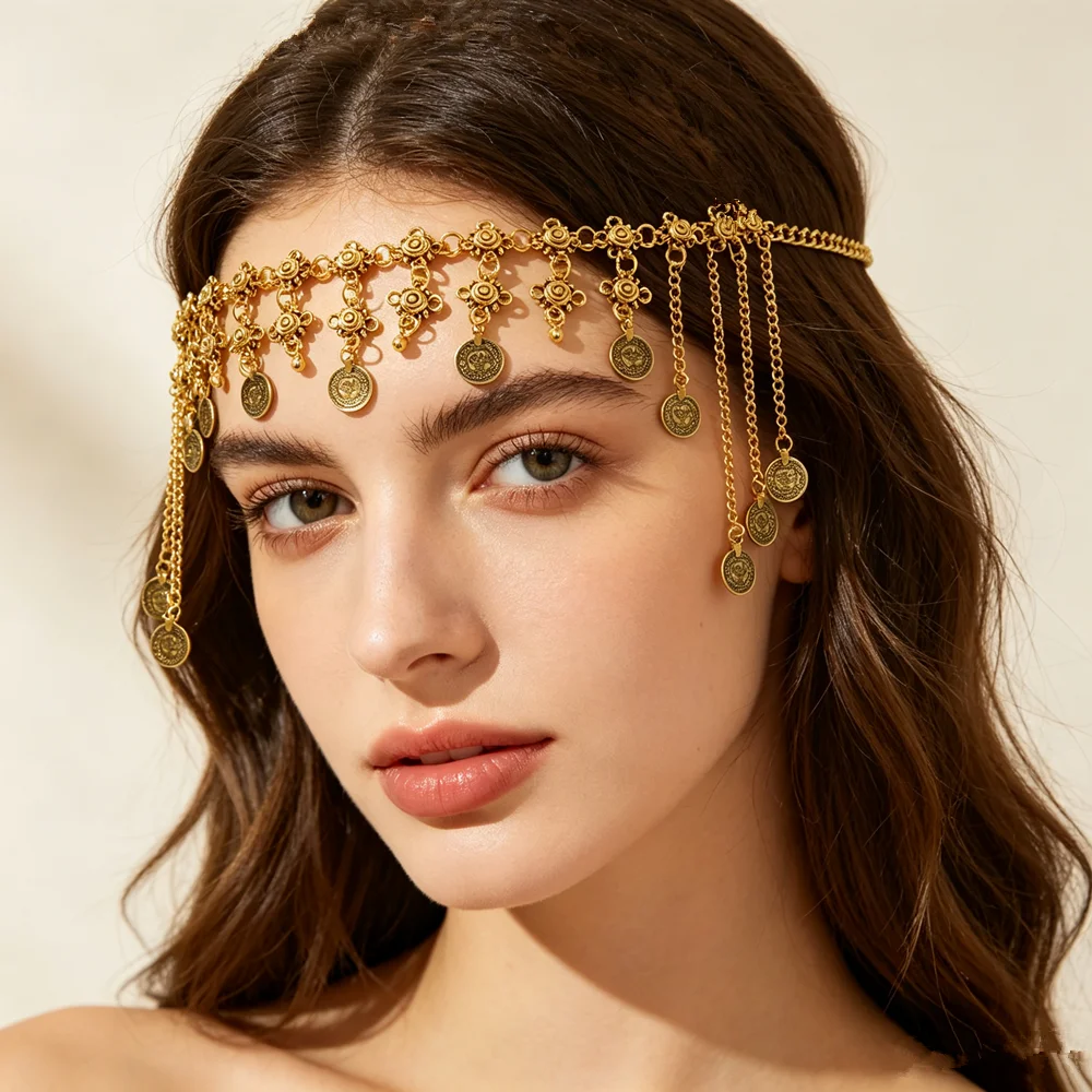 Retro Gold Alloy Hair Accessory Long Chain Pendant Headwear Indian Turkish Gypsy Ethnic Style Forehead Jewelry Simple Design