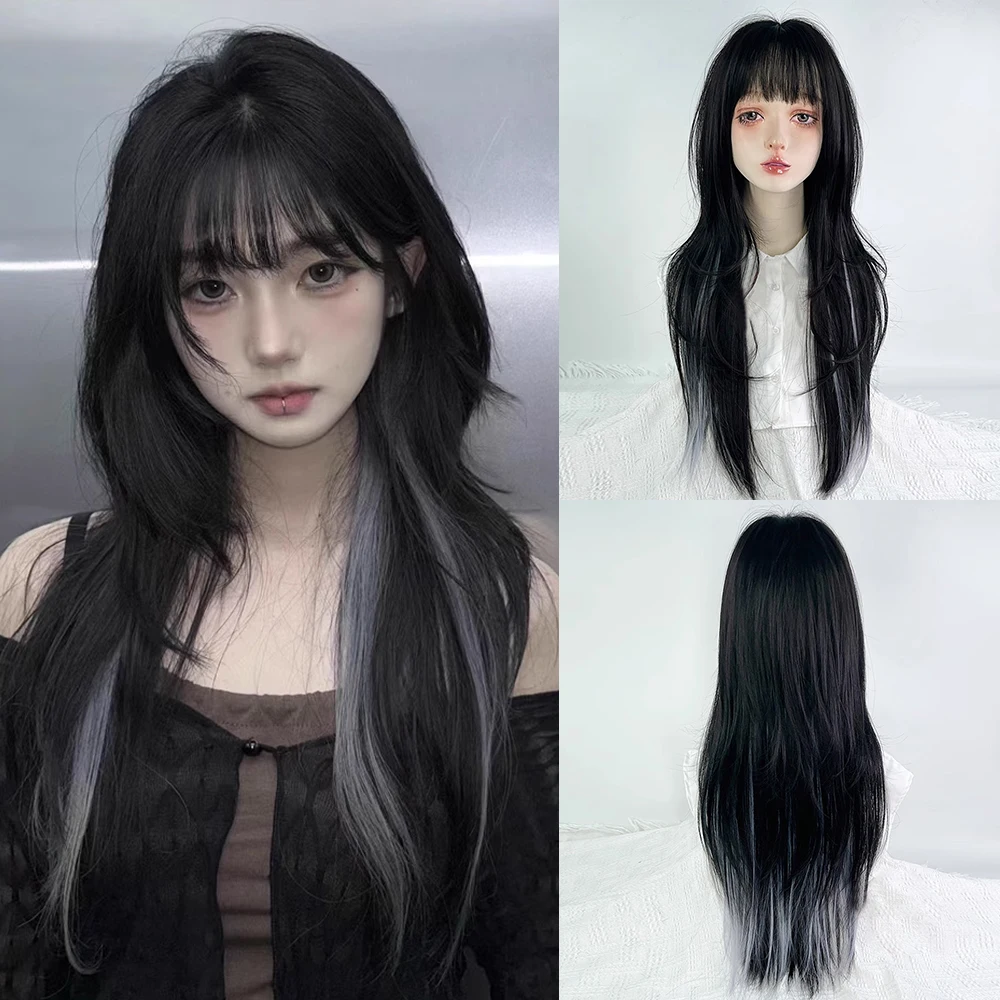 

Synthetic Long Straight Mullet Head Wigs Black Ombre Gray Layered Women Fluffy Lolita Cosplay Wig for Daily Party