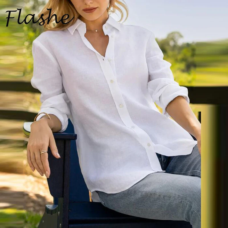 Elegant Women Long Sleeve Button Up Shirt Blouses White Solid Color Loose Casual Blouses For Women Fashion Tops 2024