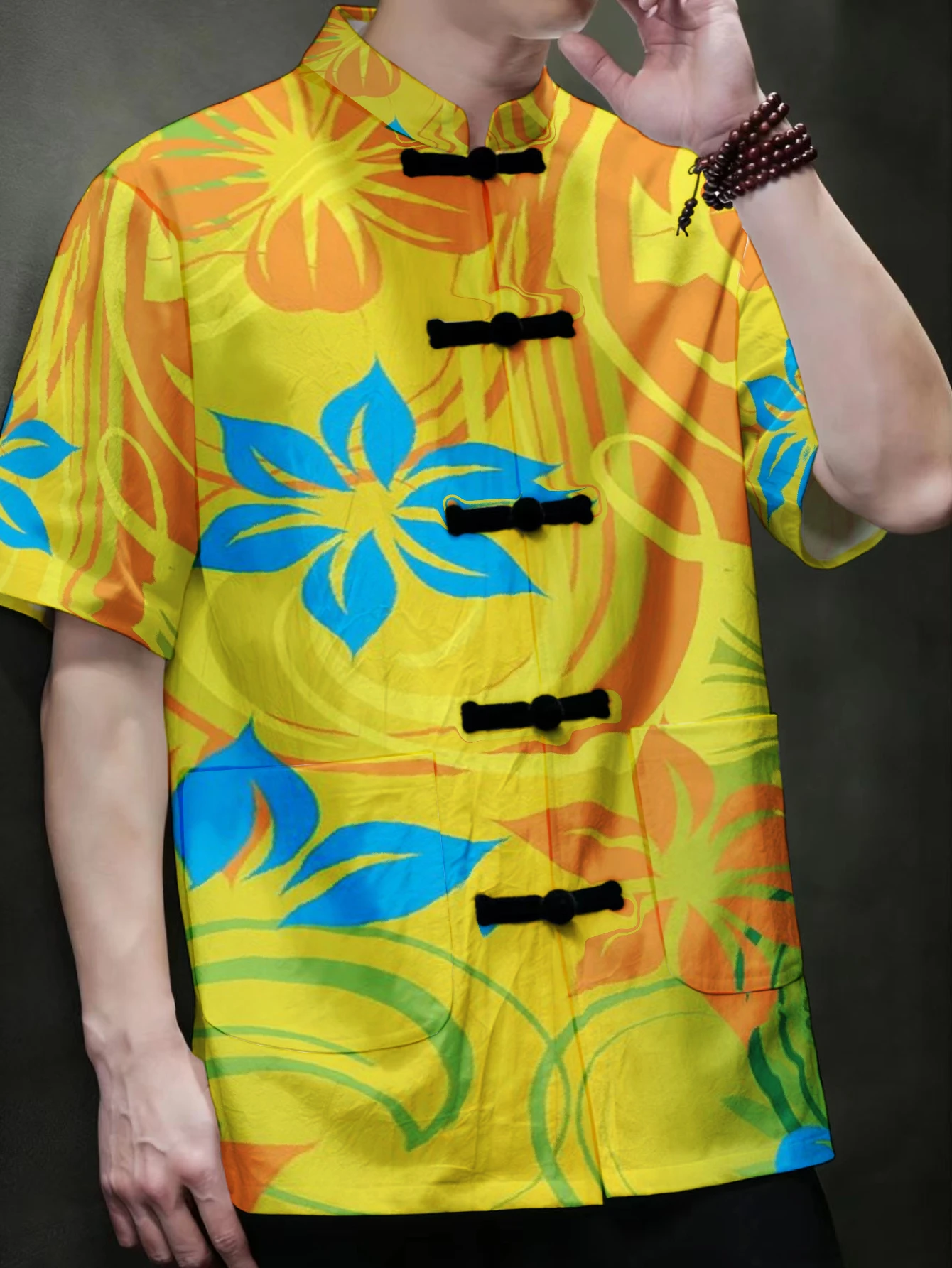 Men Mandarin Collar Frog Button Short Sleeve Shirt Tropical Sunset Scenery Print Oriental Casual Top With Dual Front Pockets