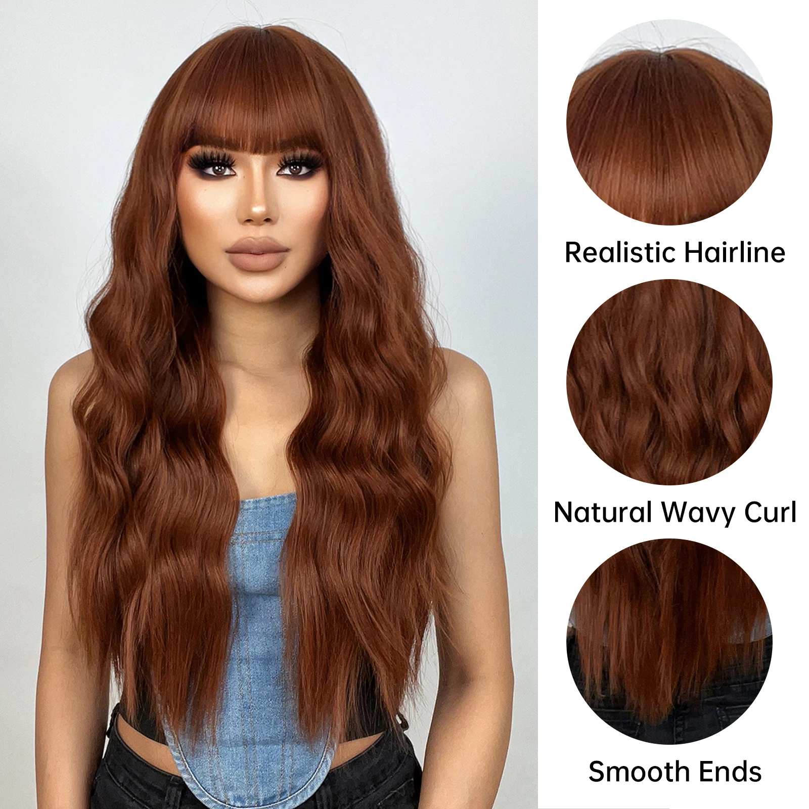 ALAN EATON Cooper Red Long Natural Wavy Synthetic Wig Loose Curly Auburn Wigs with Bangs for Women High Temperature Daily Hair