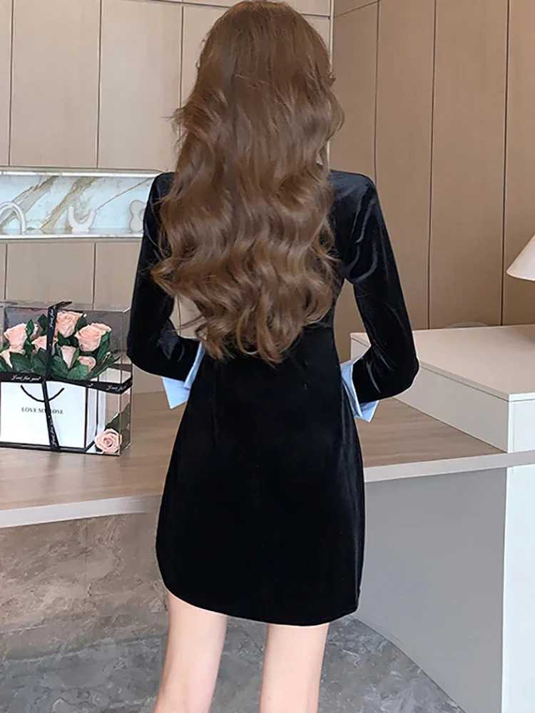 Women Korean Vintage Hepburn A-Line Short Dress Autumn Winter Black Velvet Polo Collar Dress 2024 Elegant Casual Party Vestidos