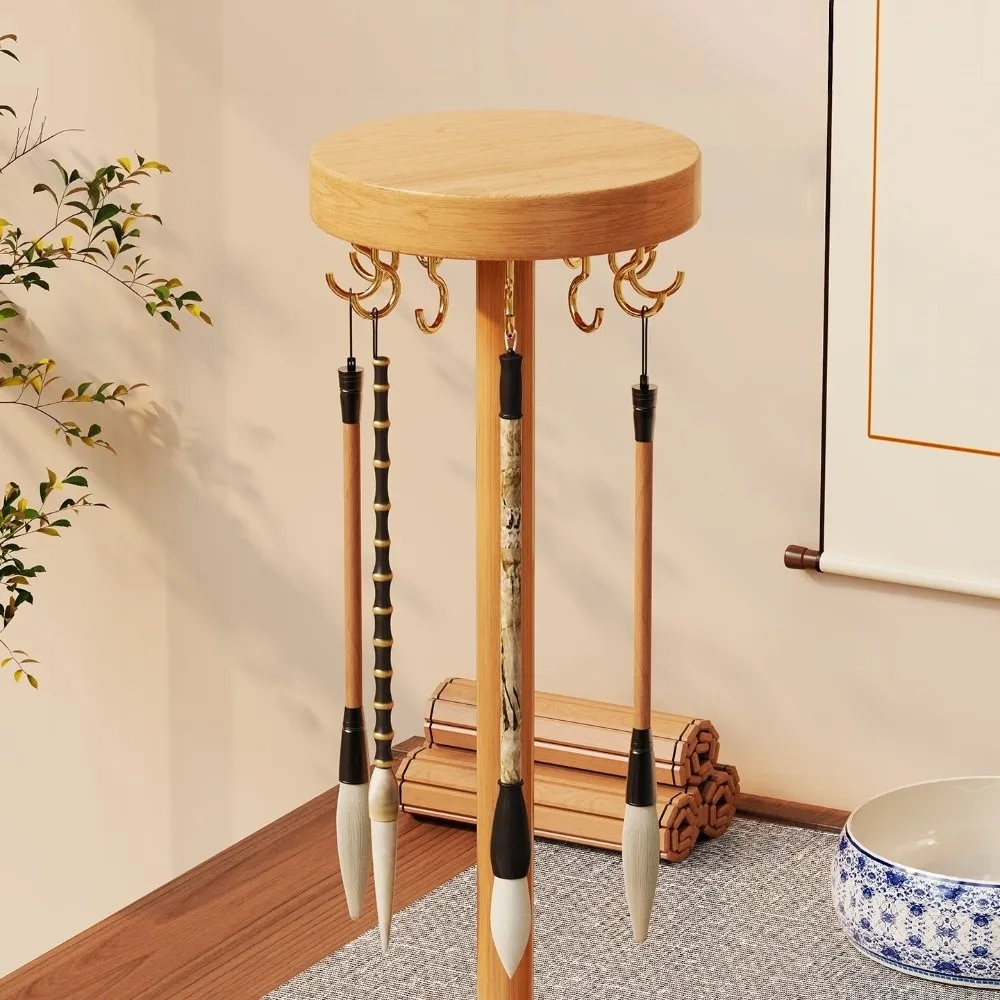 Round Calligraphy Brush Hanger Traditional Desktop Storage Writing Brush Organizer Multifunctional Wood Color