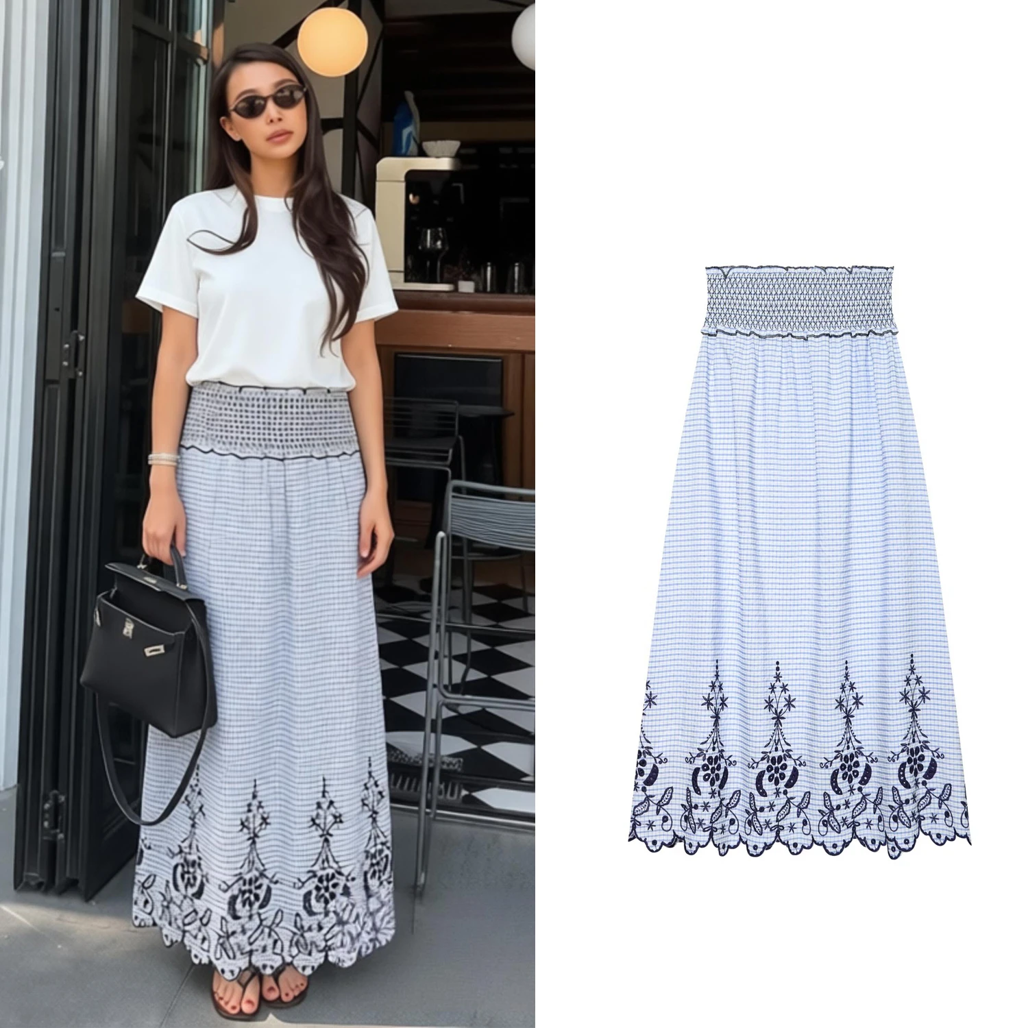 Women's Blue Plaid Elegant Skirts Spring Summer Female Chic Embroidered Long Skirt Lady Beach Vacation Fashion Casual Half Skirt