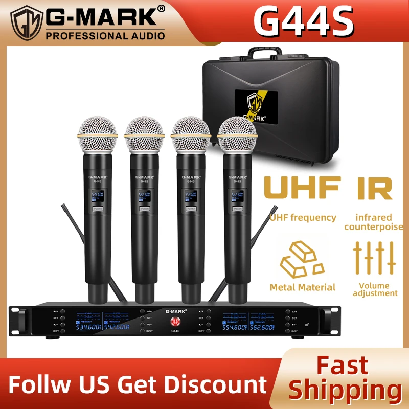 G-MARK G44S Wireless Microphone 4 Channels Professional Microphon Karaoke Mic Handheld Metal Body Frequency Adjustable For Party