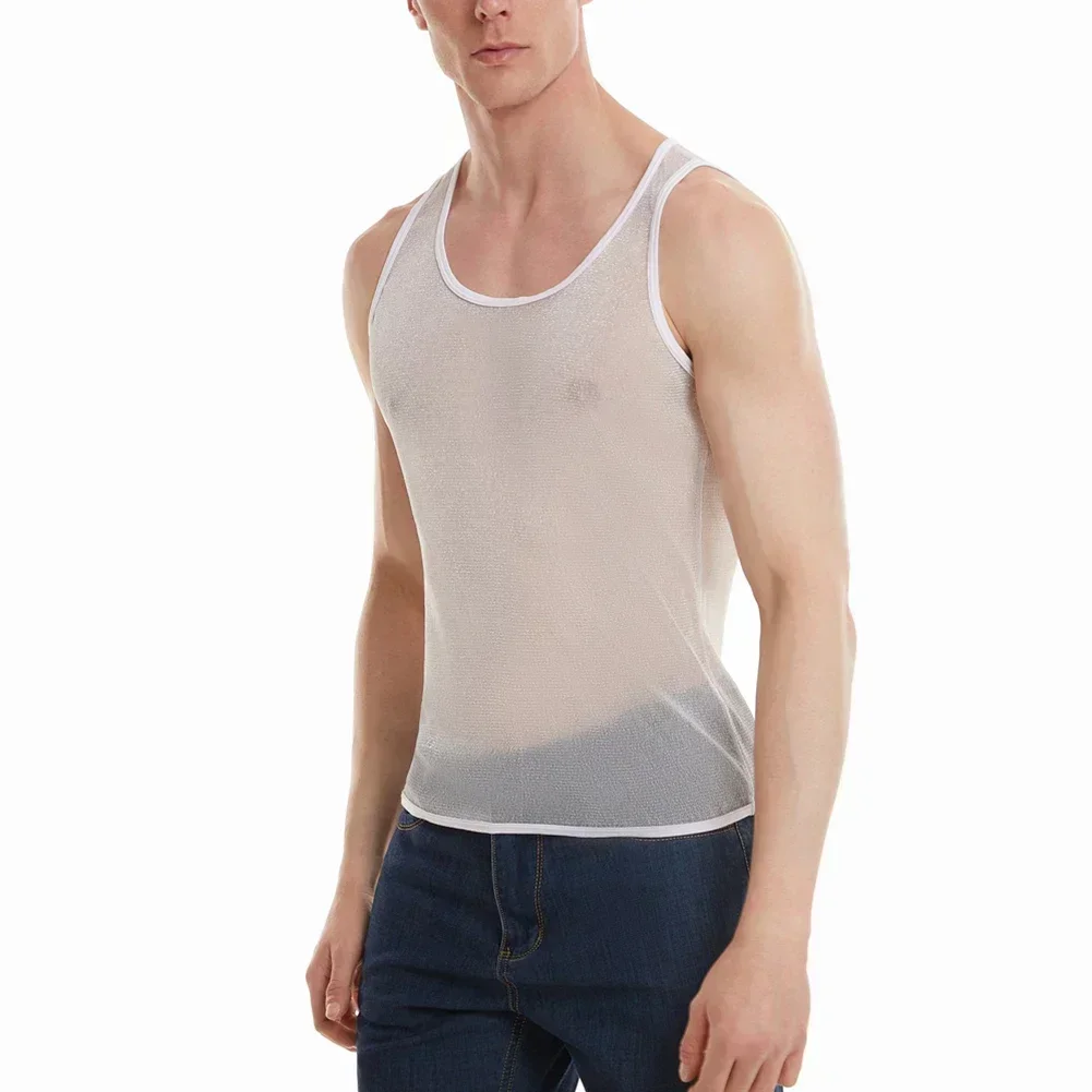 Fashion Man Mesh Transparent Shine Tank Vest For Men T-shirts Fitness Shirt Undershirt Muscle Sleeveless Vest Tanks Clothing