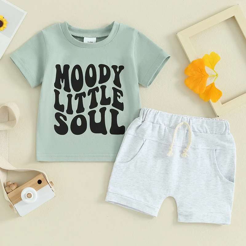 

2024-02-28 Lioraitiin Toddler Baby Boy Clothes Set O-Neck Letter Print Short Sleeve Tops + Elastic Waist Shorts Summer Outfit