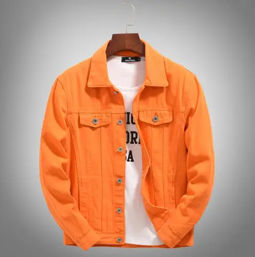 Imagen 2 del producto Chaqueta de alta calidad para hombre y mujer, ropa de moda de otoño 2025, abrigo vaquero empalmado, chaqueta vaquera holgada de color morado y naranja, chaqueta vaquera para hombre