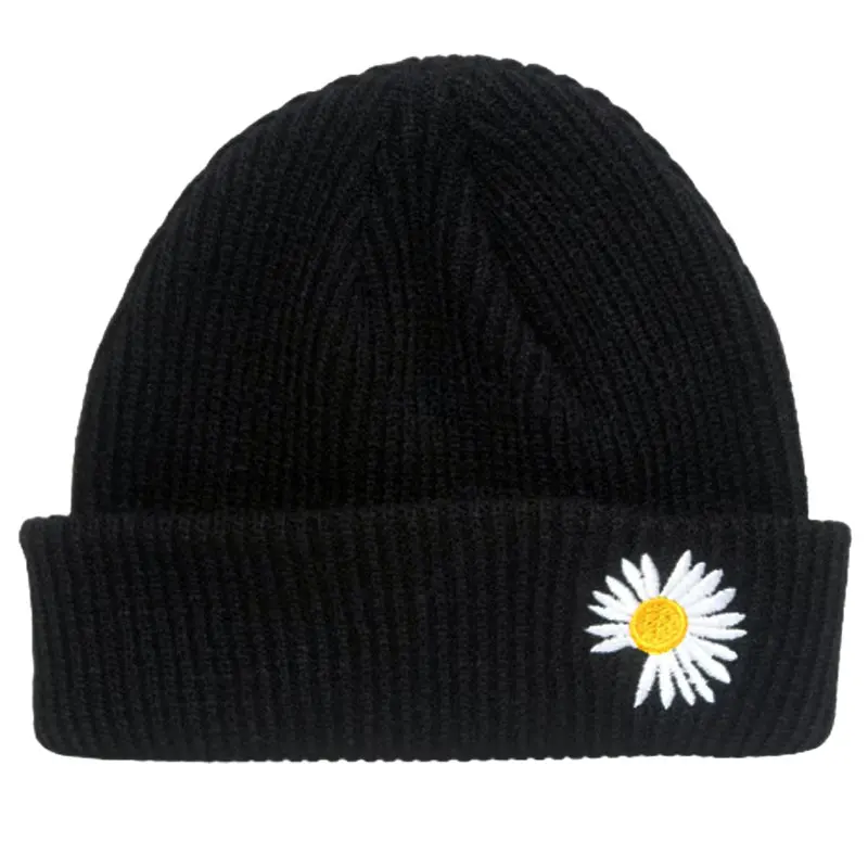 Men Women Daisy Flower Embroidered Ribbed Knit Beanie Short Design Tight Fitting Winter Thick Hats Cap Black White