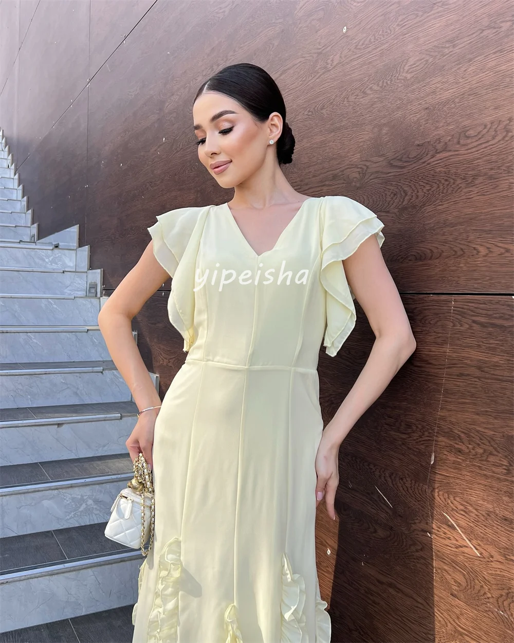 Customized High Quality Classic Chiffon Ruched Straight V-neck Long Dresses Bespoke Occasion Dresses Modern Style Intricate