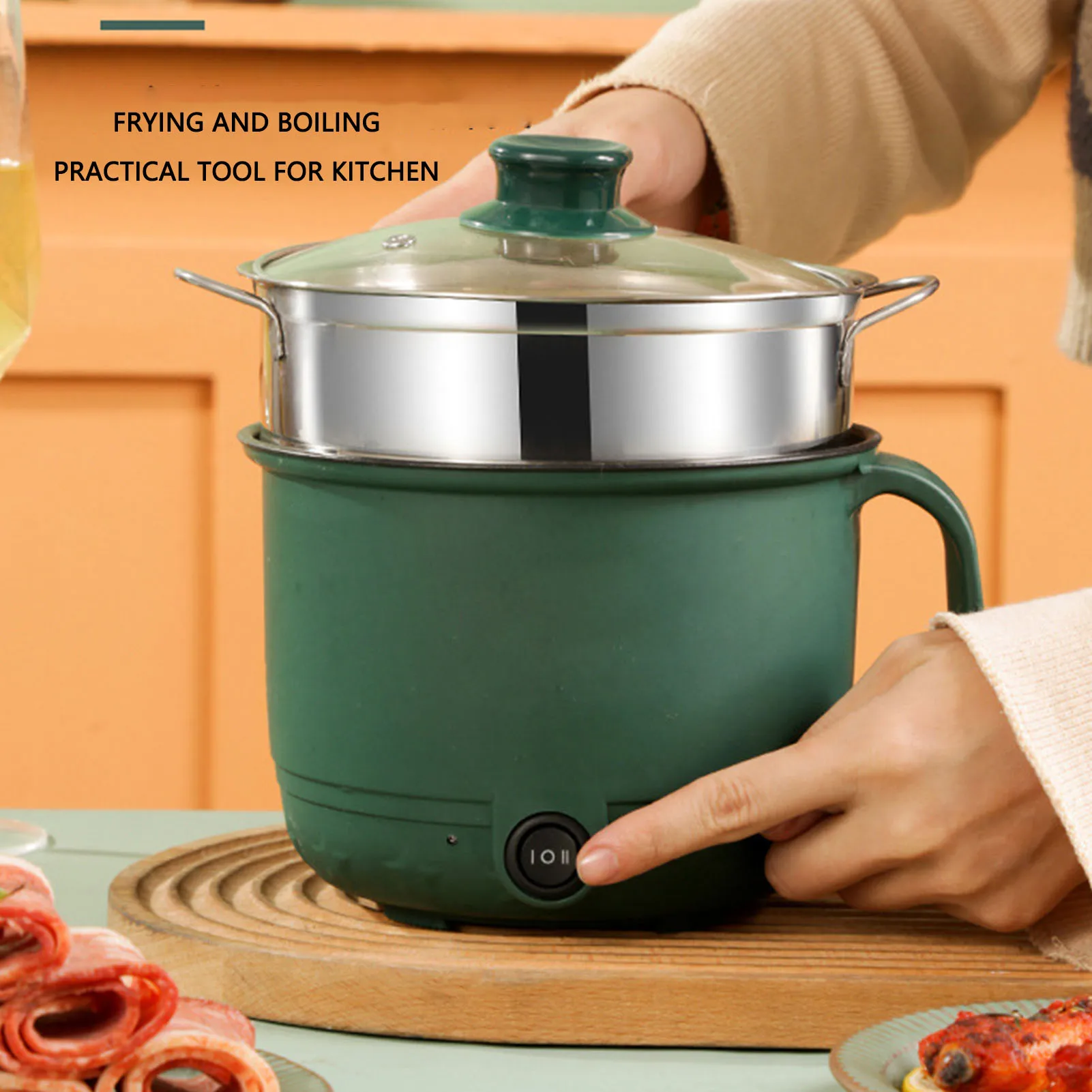 Electric Cooking Pot 1.5L 600W Stainless Steel Anti Scald Handle Clear Lid Electric Cooker for Home Dormitory Party