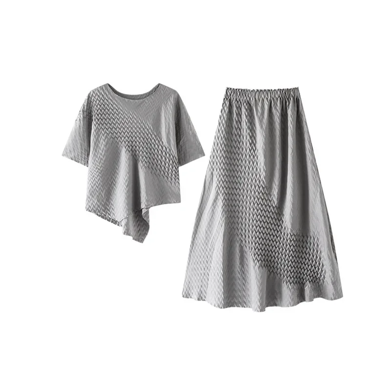 

Miyake 2025 Summer New Wave Fashion Casual Folding Two Pieces Set Women's Round Neck Short Sleeve Irregular Top + A-Line Skirt