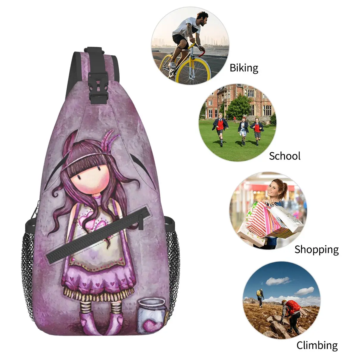 Santoro Gorjuss-mochila cruzada de pecho para muñeca, morral de hombro para senderismo al aire libre, mochila informal de dibujos animados