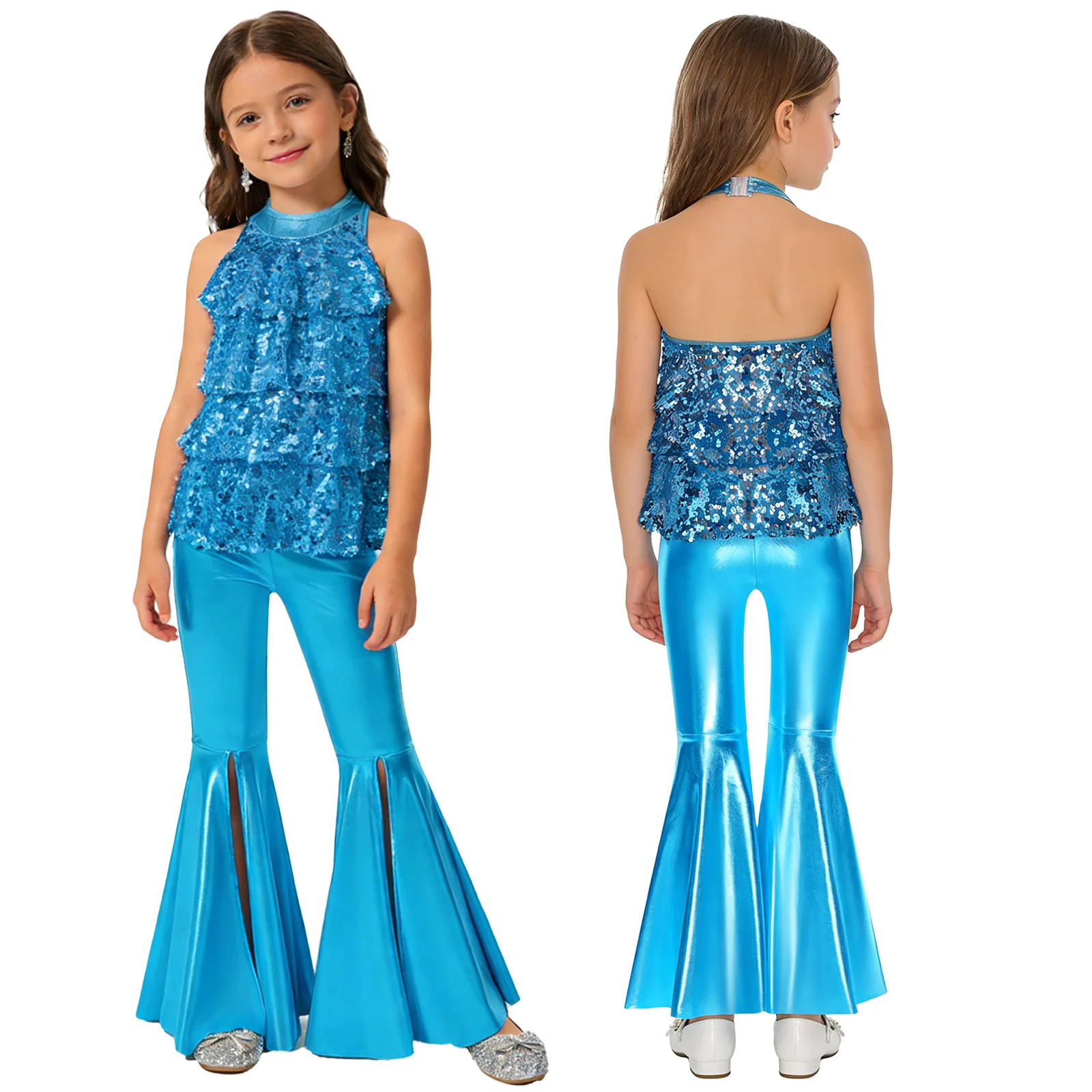 Kids Girls Hip Hop Jazz Dance Costume Halter Backless Shiny Sequins Leotard Dress with Metallic Flared Pants Disco Dance Outfit
