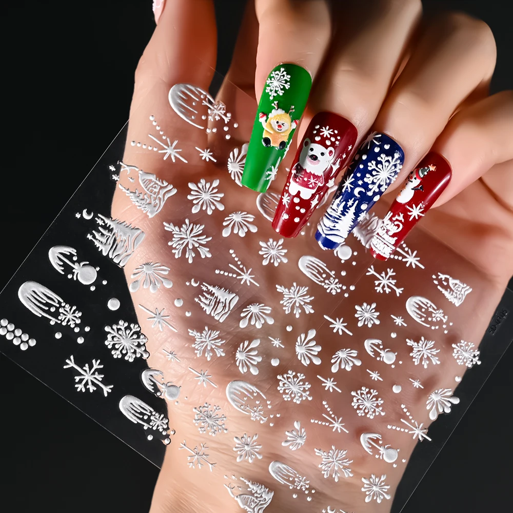 1Pc 5D Christmas Bear Santa Claus Nail Sticker Cartoon Snowflakes Snowman Elk Adhesive Decals Winter New Year Manicure Sliders