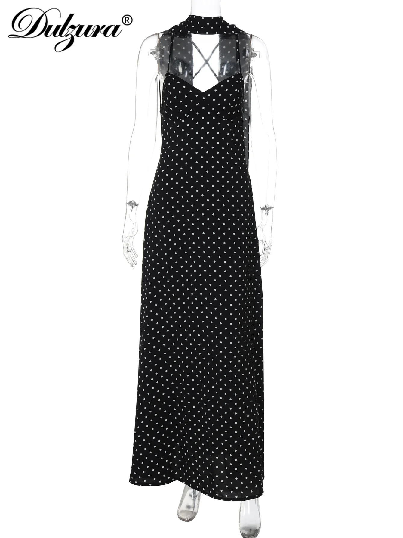 Dulzura ノースリーブバックレススリムジッパー水玉プリントリボンキャミマキシドレスセクシーエレガントカジュアルロングドレスパーティークラブ衣装