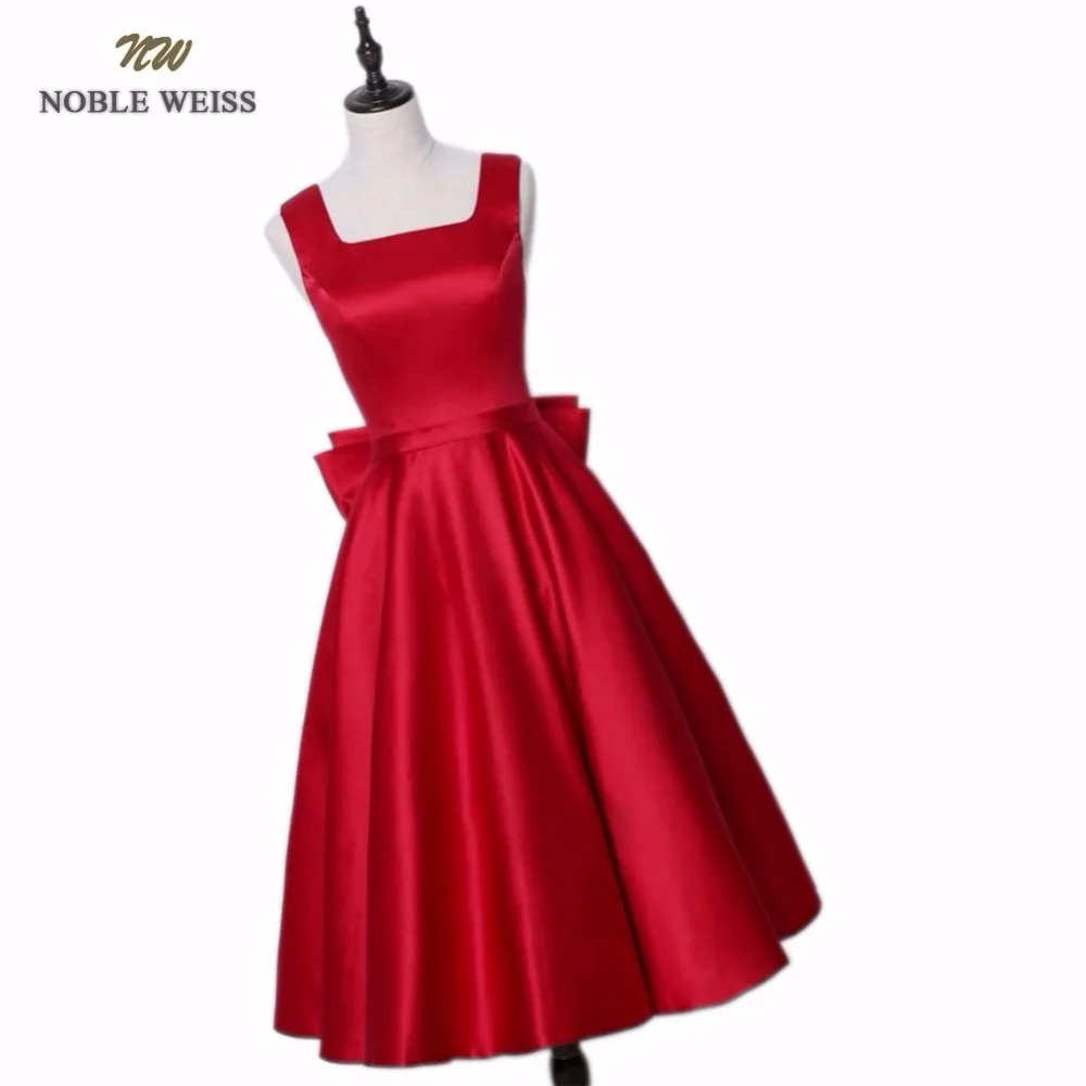 

NOBLE WEISS Tea-Length New A-Line Evening Dresses Square Collar Satin Custom Made Prom Party Gown With A Big Bow