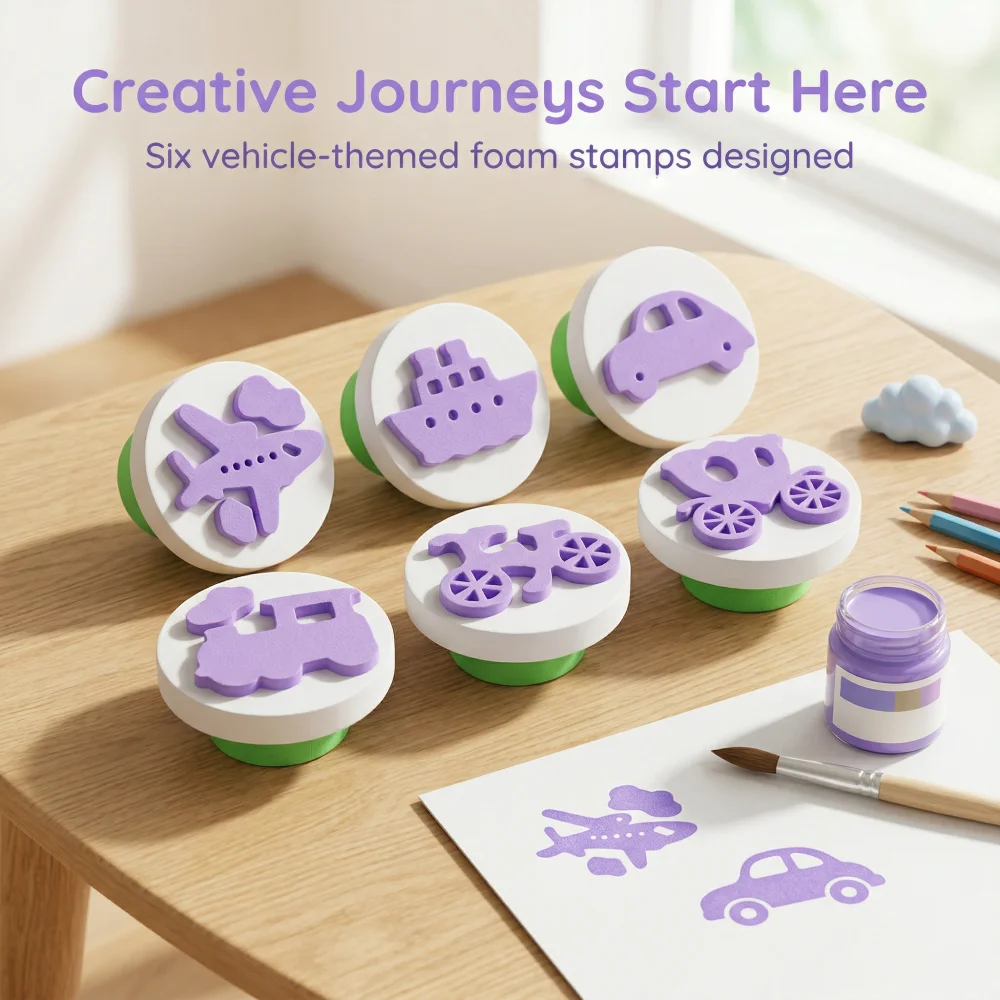 6Pcs EVA Vehicle Foam Stamps, 12 Random Transport Patterns, Washable DIY Art Craft Tools, Educational Painting Supplies