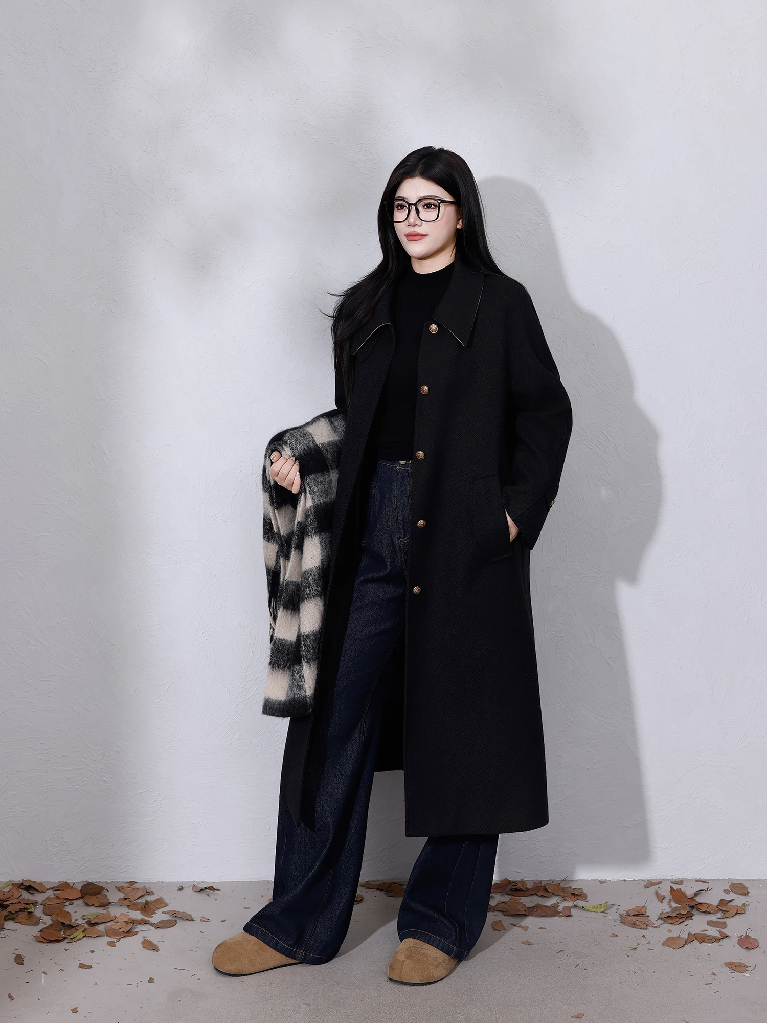 

Ele plus Size Women's Coat Spring Autumn Long Woolen Jaet Button Detailing Commute Friendly Sli plus Size Outerwear