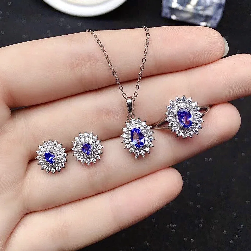 

Dazzling Tanzanite Jewelry Set for Party 4 Pieces 100% Natural Tanzanite Ring Earrings Pendant 925 Silver Tanzanite Jewelry