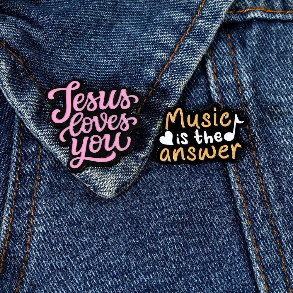 Candy Colors Jesus loves You Brooches Letter Music Is The Answer Enamel Collar Pins With Free Shipping