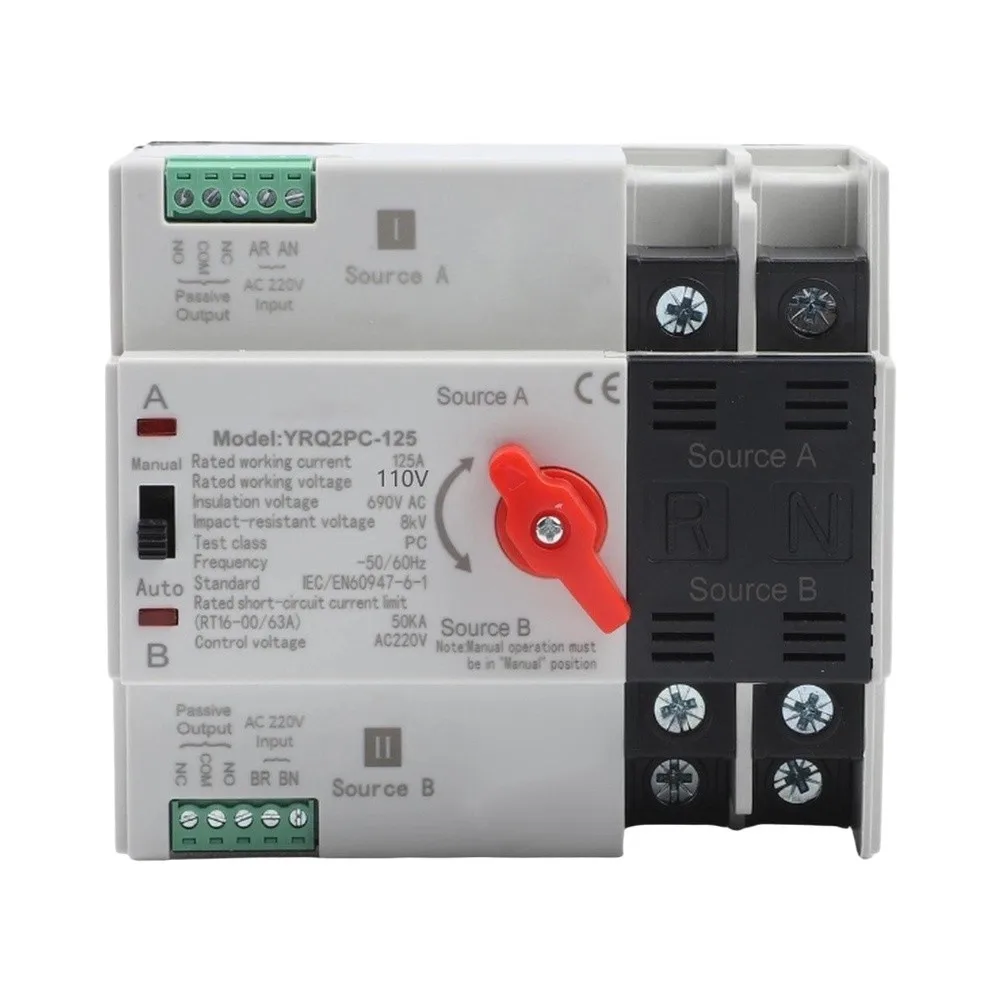 125A 2P AC110V Auto Manual Transfer Switch Dual P'ower For ATS For Critical Equipment Electrical Circuit Breaker Load Disconnect