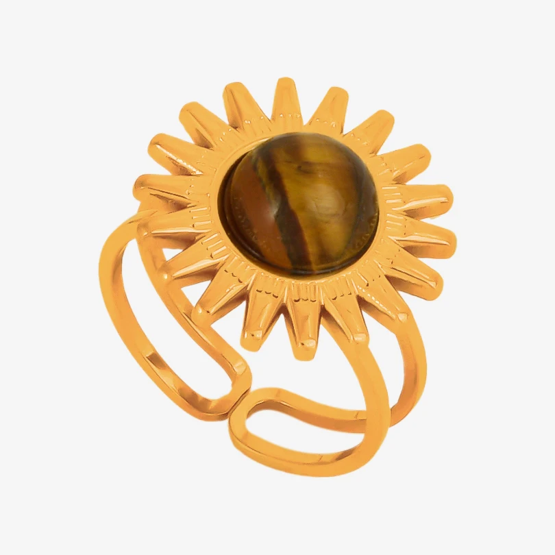 Real Tiger Eye Stone Ring Sun Heart Stainless Steel Open Rings For Women Men Accessories Real Gold Plated Vintage Jewelry Anillo