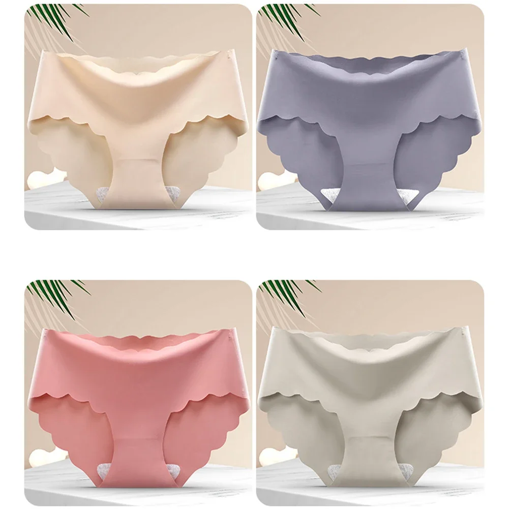 Womens Seamless Underwear Ice Silk Briefs Pure Cotton Crotch Knickers Breathable Thong Mid-Waist Panties Erotic Lingerie