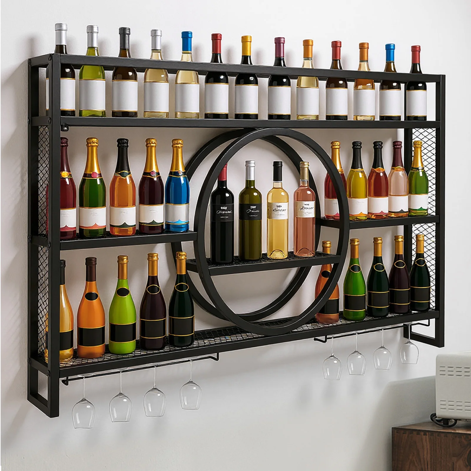 بار زجاجة الخمور عرض الرف مع مصباح ليد الحديد بار الخمور الجرف سعة كبيرة العائمة جدار النبيذ قوس للمطبخ المنزل
