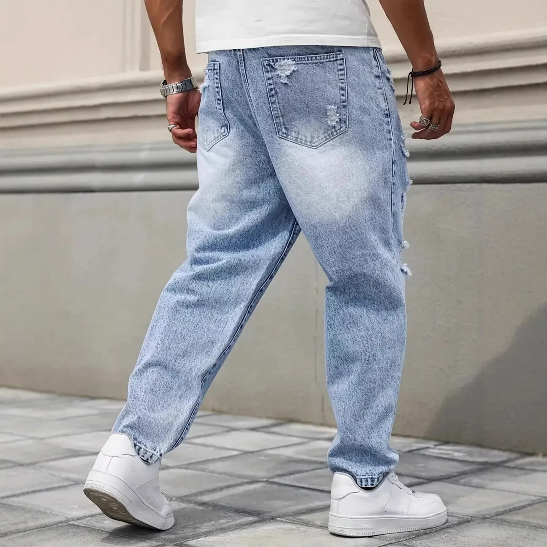 Men Light Blue Hole Patched Straight Basic Daily Casual Jeans Pants Style New Fashion Vintage Male Denim Trousers Bottom Clothes