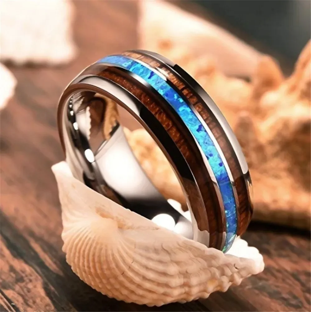 Fashion 8mm Men Stainless Steel Wedding Rings Wood Grain Inlay Blue Creative Decoration Rings Men Jewelry Party Band Wholesale