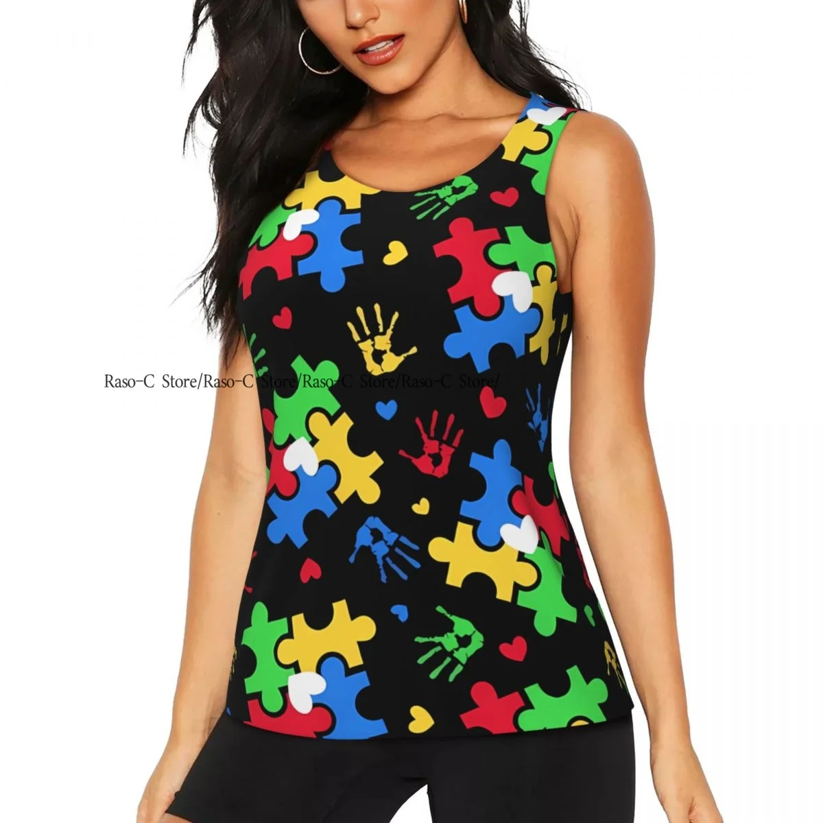 Women Sexy Vest Autism Awareness Colorful Puzzle Piece Sleeveless Round Neck Tank Tops Female Casual Basic Camisole