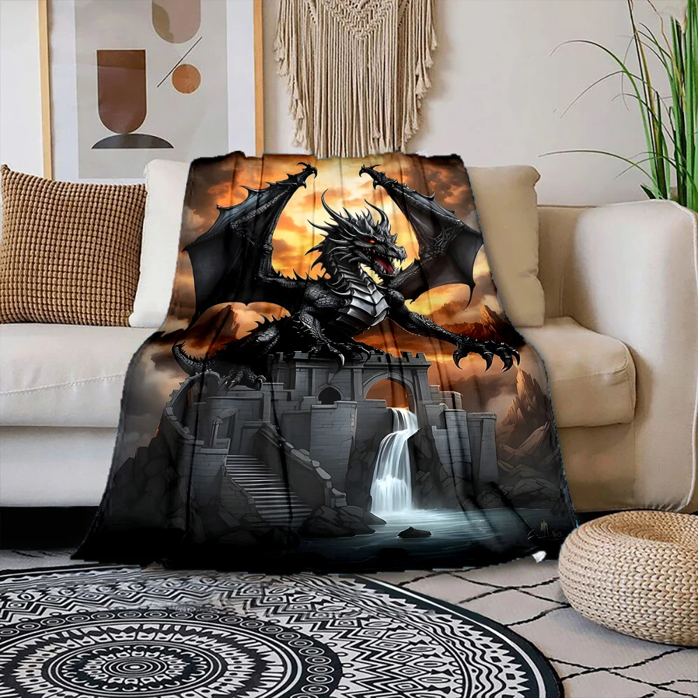 Multiple size Black dragon guarding castle Print Blanket Warm Soft Suitable for All Seasons for Home Sofa Travel Camping Picnics