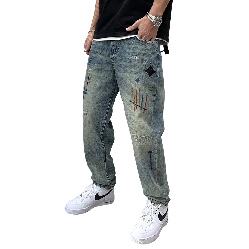 Straight Jeans Men's High Street Fashion Brand Vintage Print Loose Street Fashion Personality Teenagers Casual Versatile Trouser