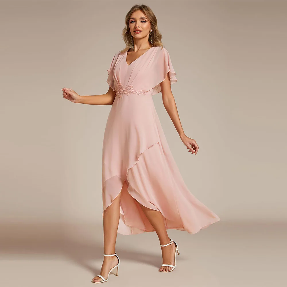 

Customized Exquisite Hi-Lo Women's Formal Dress A Line V Neck Applique Paillette Waist Tea Length Wedding Guest Dress 2025