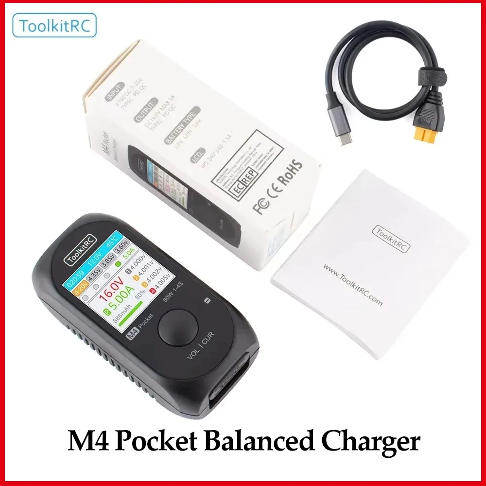 ToolkitRC M4 Pocket Balanced Charger DC 80W 5A XT30 XT60 Input For Aircraft Model Remote Control Drone Lithium Battery Charging
