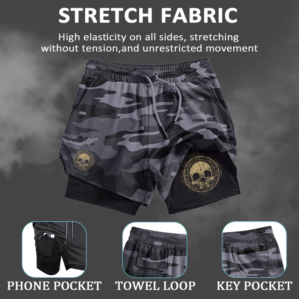 

Новые мужские пляжные шорты с принтом черепа 2026 года, 2-в-1, для фитнеса и тренировок, летние уличные велосипедные шорты с внутренним карманом для телефона