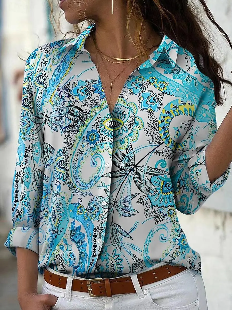 قميص نسائي أومبير جرافيك بيزلي عتيق أنيق يومي بأكمام طويلة وياقة قميص، بلوزات عادية، أزرار للعطلات اليومية، طباعة الخريف