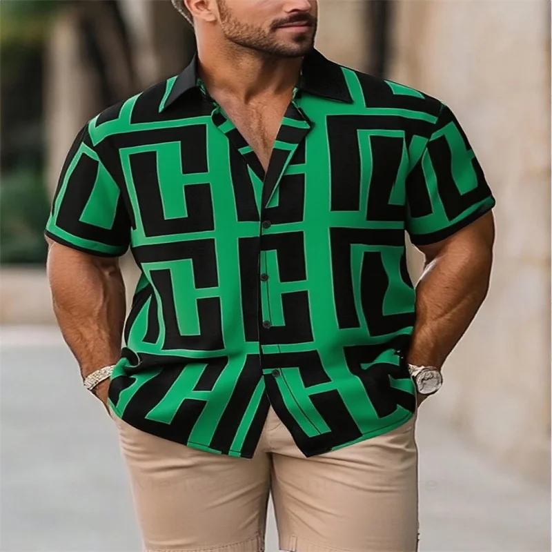 New Men's Elegant Geometric Print Shirt Casual Fashion Summer Lapel Short Sleeve Shirt Exquisite Cut Men's Clothing
